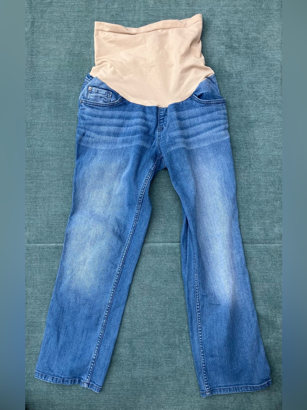 Indigo Blue Straight-Leg Maternity Jeans in Light Blue with Full Belly Panel